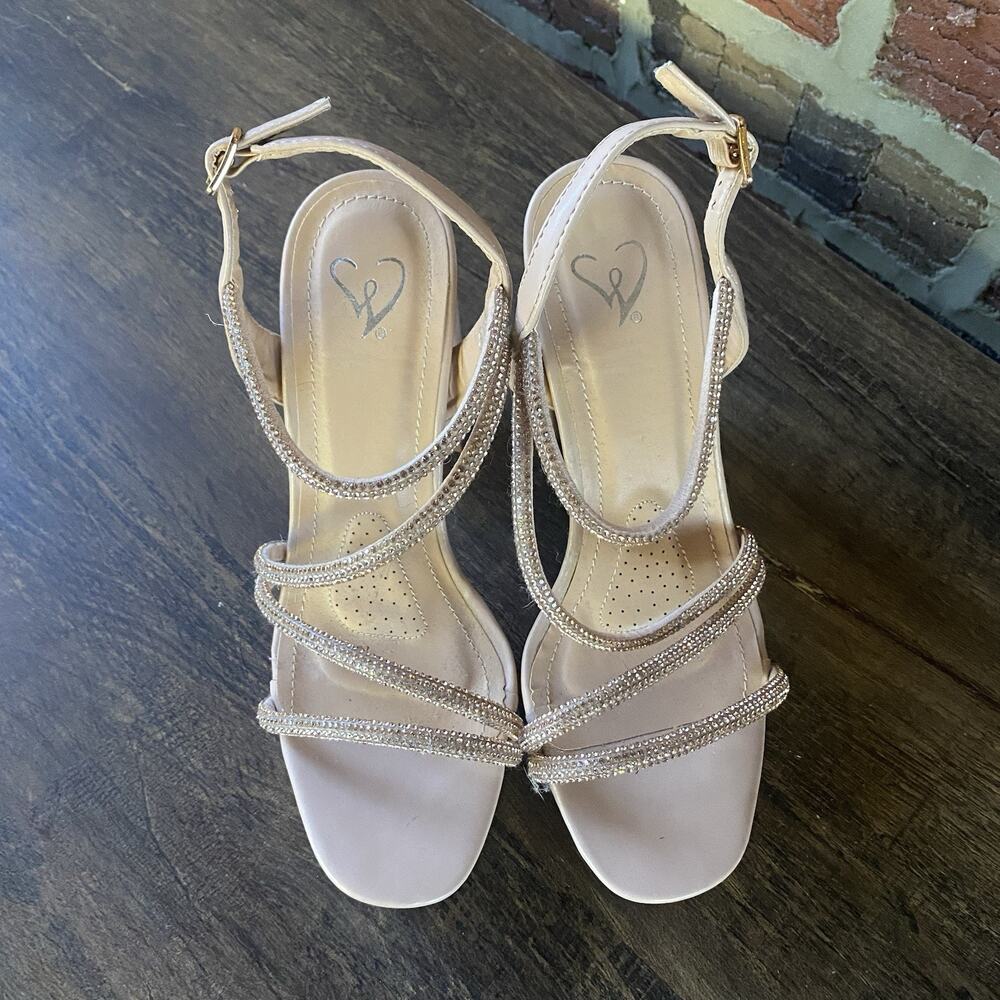 Sparkle Rhinestone Rose Gold Strappy Faux Leather Platform Block Heels Size 8
